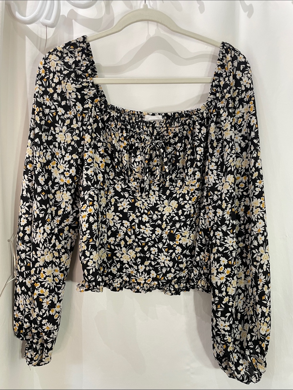 Sienna Sky Black Floral Smocked Peasant Blouse with Cream & Yellow Accents